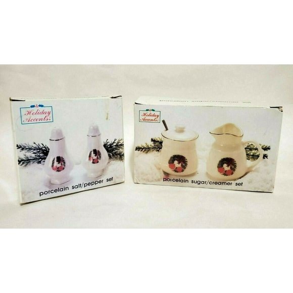 Vtg Holiday Accents White Porcelain Sugar Creamer Porcelain Salt & Pepper Set